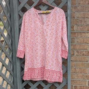 Rock flower paper pink & white V-neck lightweight tunic bohemian festival Blouse
